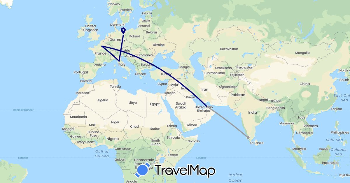 TravelMap itinerary: driving, plane in United Arab Emirates, Germany, France, India, Italy (Asia, Europe)